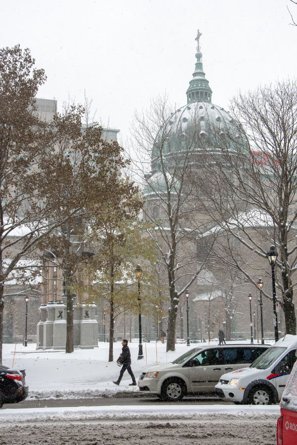 A view of Mary, Queen of the World Cathedral through the snow in Montreal, Canada.