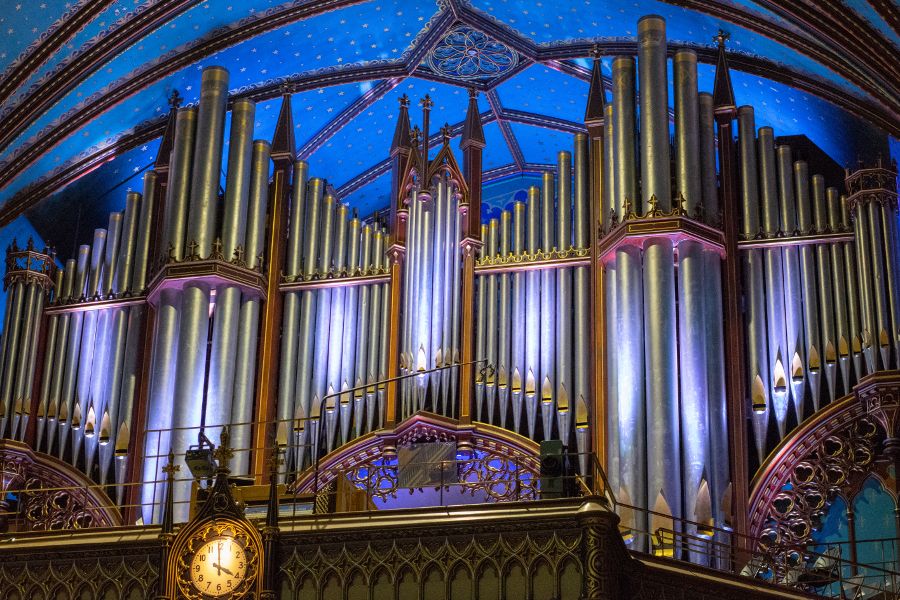 The pipe organ inside of Notre-Dame Basilica in Montreal, Canada.