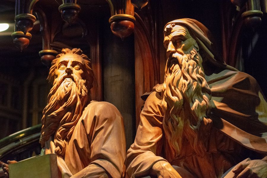 Ornate wooden sculptures inside of Notre-Dame Basilica in Montreal, Canada.