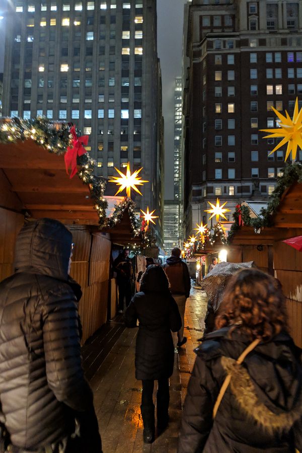 Strolling through the stalls as the Christmas Village in Philadelphia.