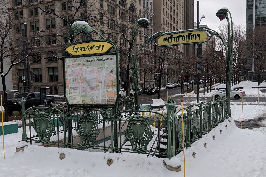 An authentic Parisian metro at Victoria Square in Montreal.