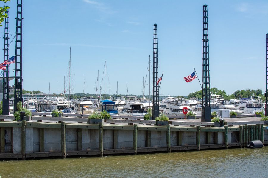 Boats docked at the District Wharf marina.