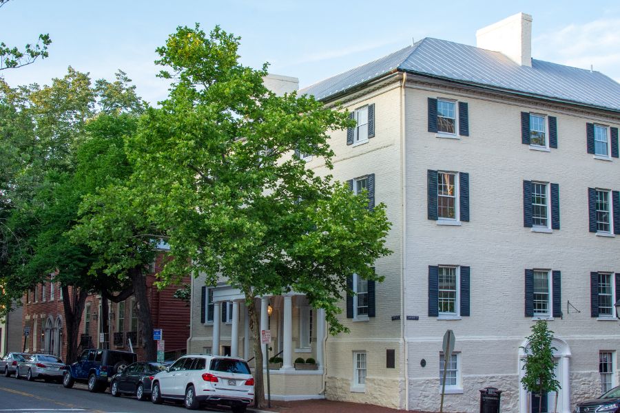 A block of white painted buildings on Cameron Street in Old Town Alexandria.