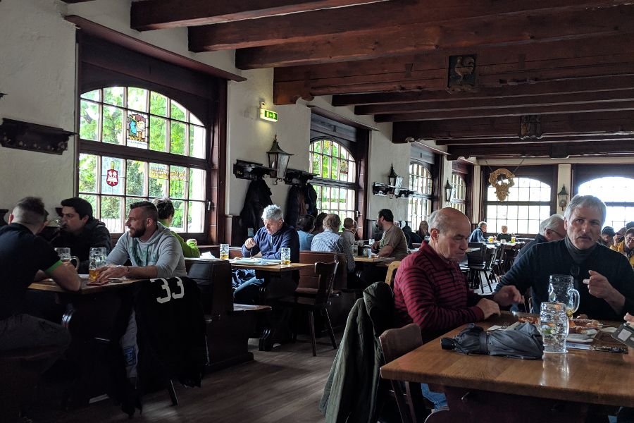 The inside of the Andechs Bräustüberl, or pub.