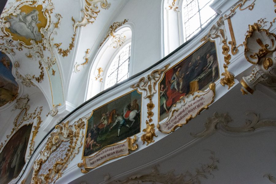 An ornately decorated balcony inside the Andechs church.