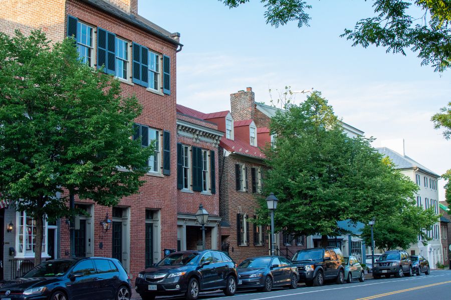 A block of historic brick buildings on Cameron Street in Alexandria.