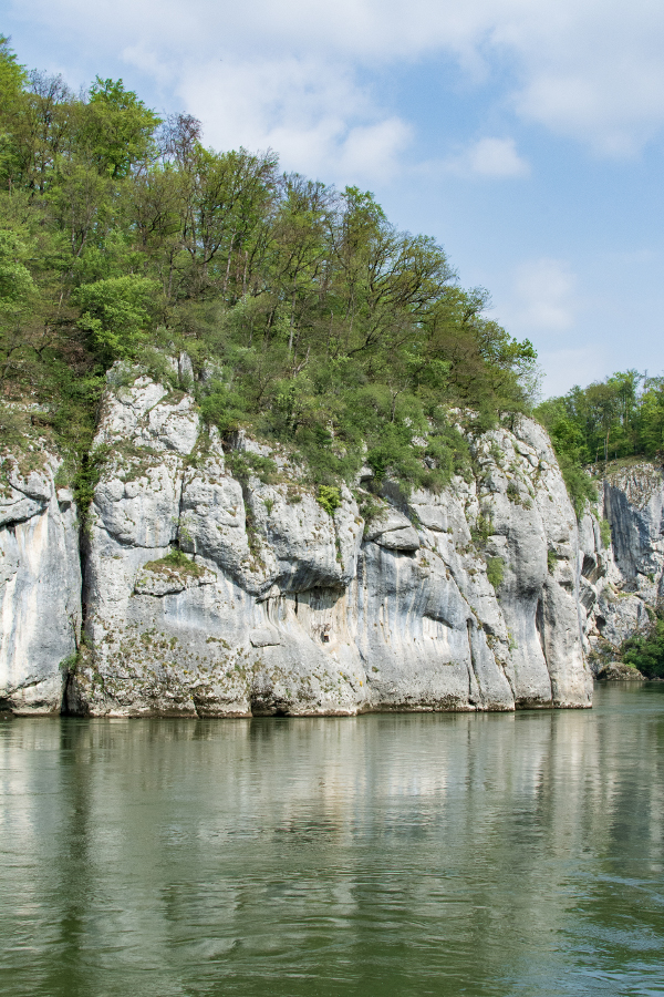 An impressive white stone sits along the Danube River Gorge, or Donaudurchbruch.