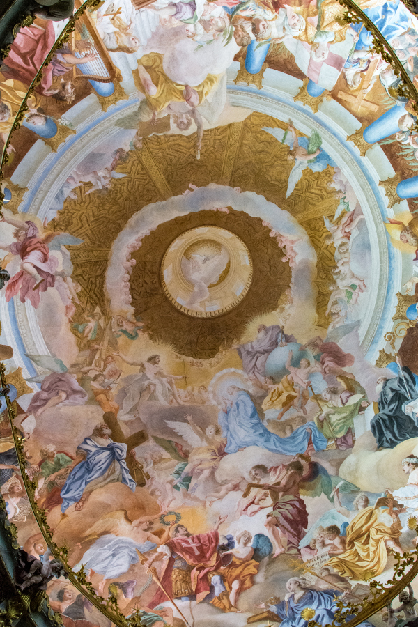 An elaborate ceiling fresco in the inside of the dome of the Kloster Weltenburg church.