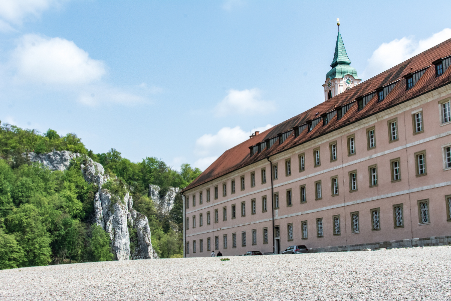 Kloster Weltenburg's imposing building sits along stony beaches in the Donaudurchbruch, or Danube River Gorge.