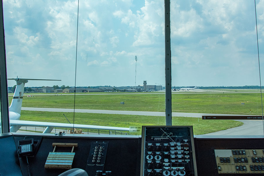 A view of the Dover Air Force Base from inside the control tower at the Air Mobility Command Museum.