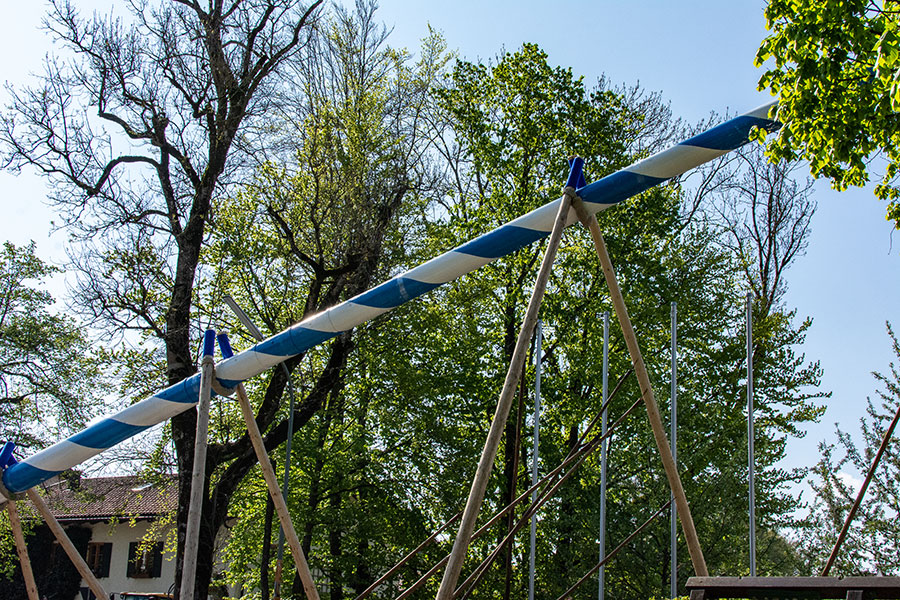 Special poles bound with rope, Scherenstangen, help support the Maypole as teams lift it into place in Aying, Germany.