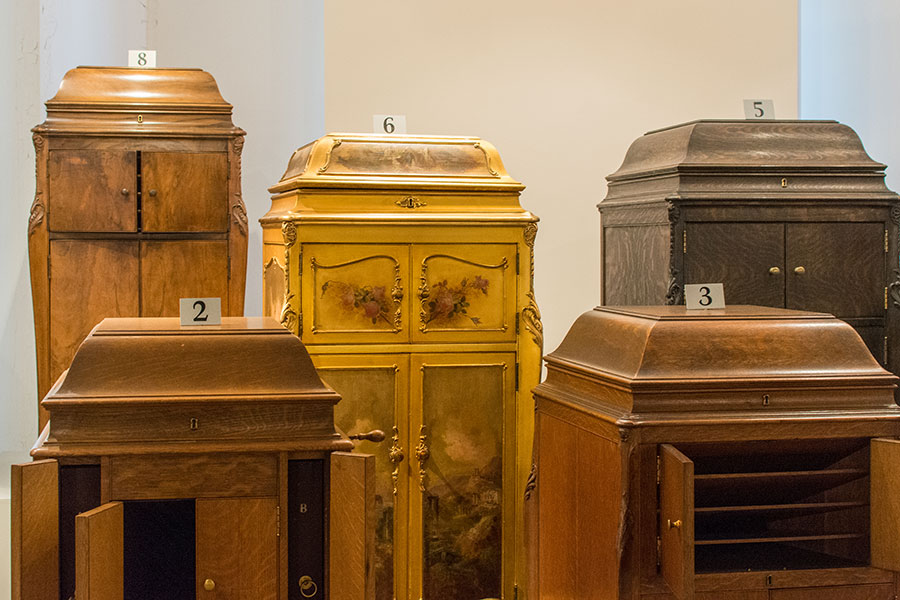 A collection of decorative Victrolas at the Johnson Victrola Museum.