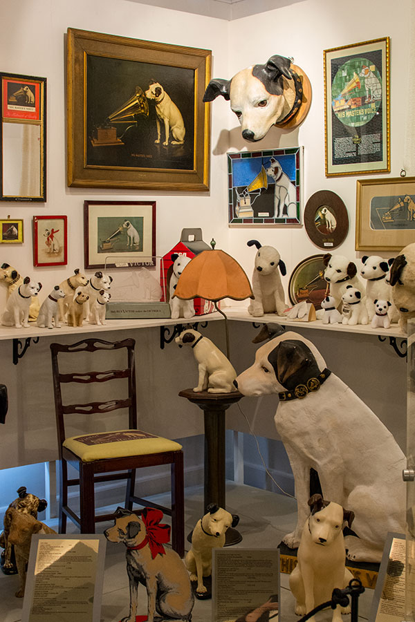 A corner of Nipper artifacts at the Johnson Victrola Museum.