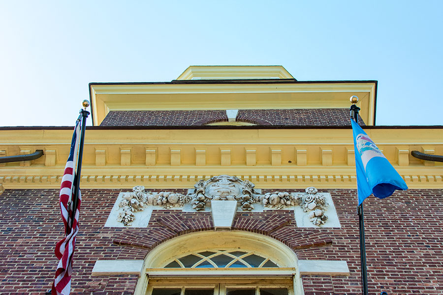 The exterior of the Kent County Courthouse, seen from below.