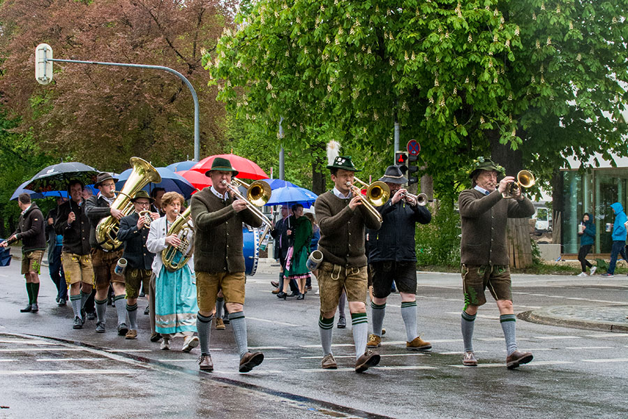 A brass band, or Blasband, parades through the streets of Munich towards the Wiesn.