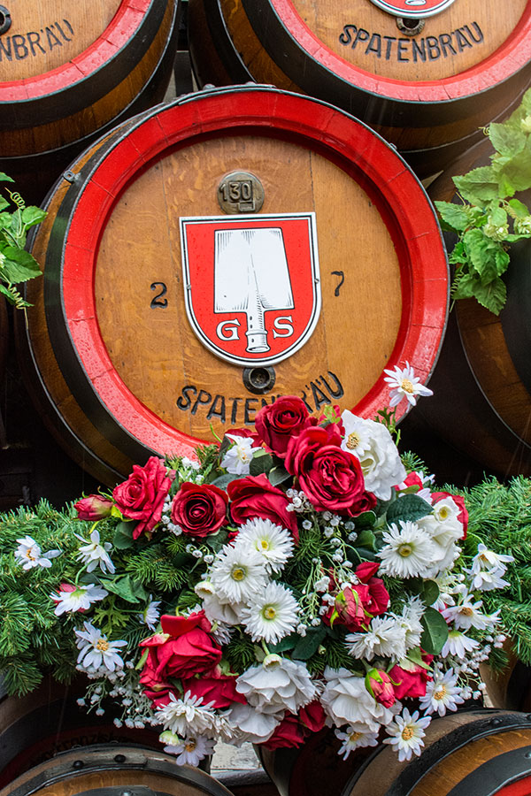 Close up of a Spaten beer keg on a float for the parade into Munich Frühlingsfest.