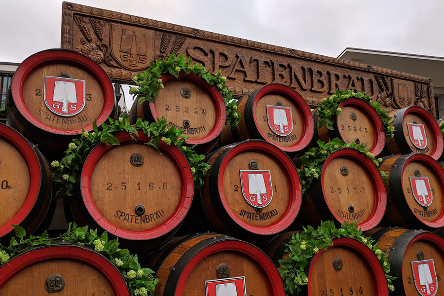 Spaten beer kegs on a float for the parade into Munich Frühlingsfest.