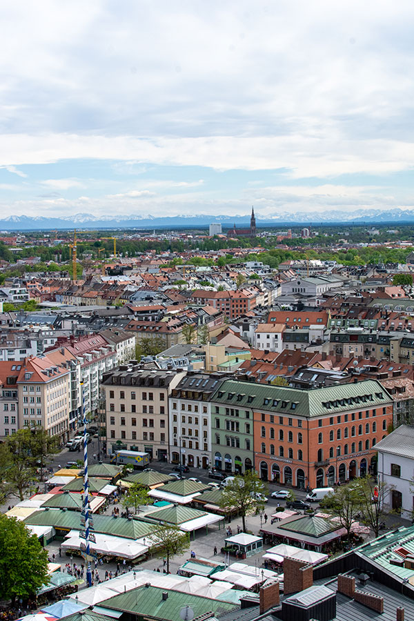 A view of the Alps over Viktualienmarkt from St. Peter's Church tower.