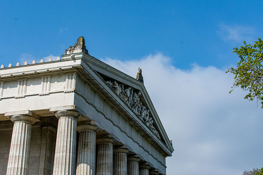 The pediment of the exterior of Walhalla.