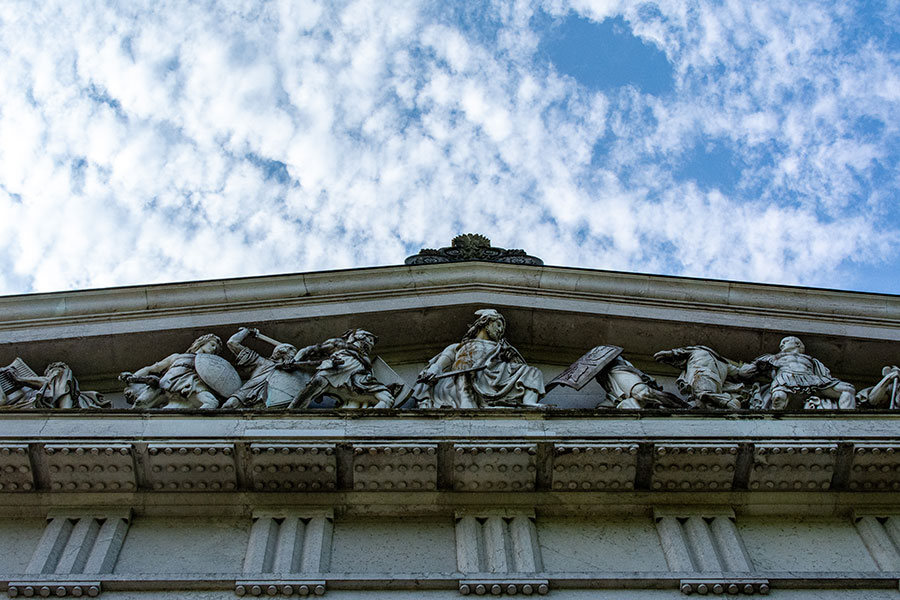 A close up of the pediment on one side of Walhalla.