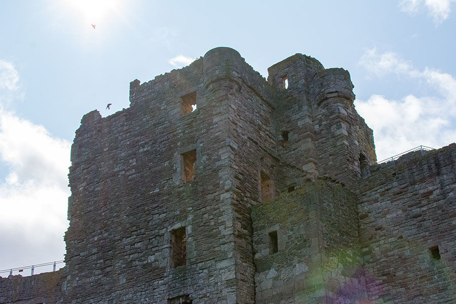 Looking up at the ruins of Tantallon Castle in the sunshine.