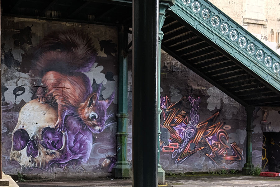 Squirrel on a skull street art in Glasgow, Scotland.