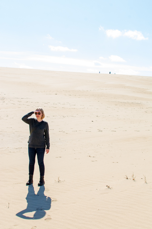 Exploring the sand dunes of Jockey's Ridge State Park in Waldlaufer boots.