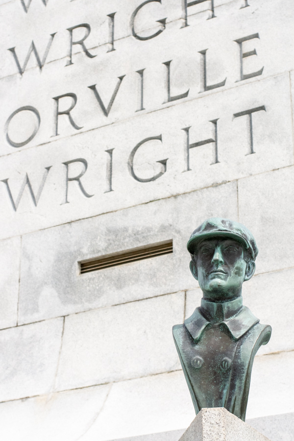 A bust sits outside of the Wright Brothers Memorial in Kill Devil Hills, North Carolina.