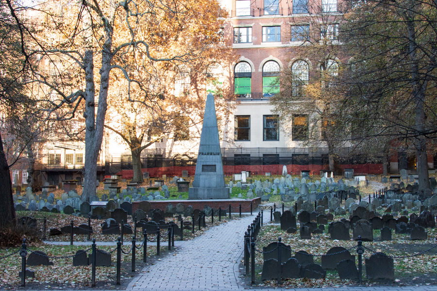 An obelisk marks the Franklin family section of the Granary Burying Ground in Boston.