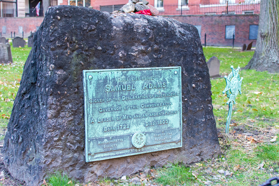 The headstone of Samuel Adams at Granary Burying Ground in Boston.