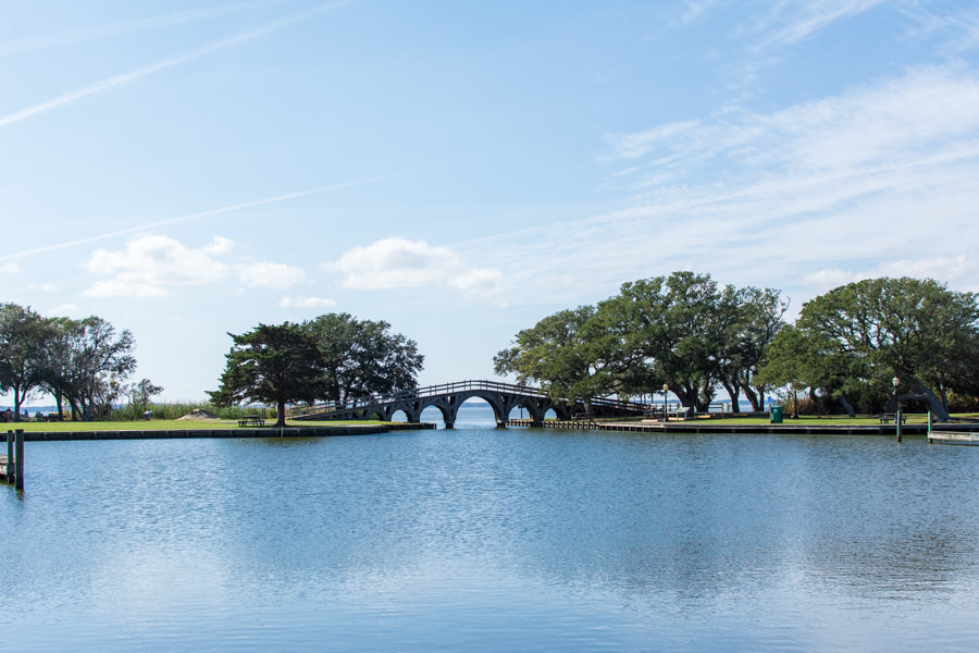 The historic wooden arched bridge along the Currituck Sound.