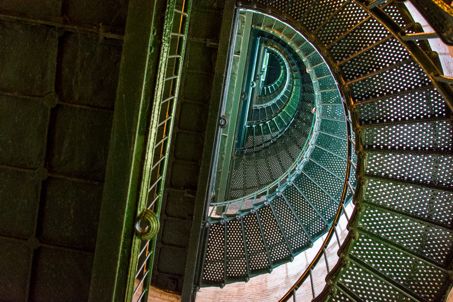 Looking up at the spiral staircases inside the lighthouse.