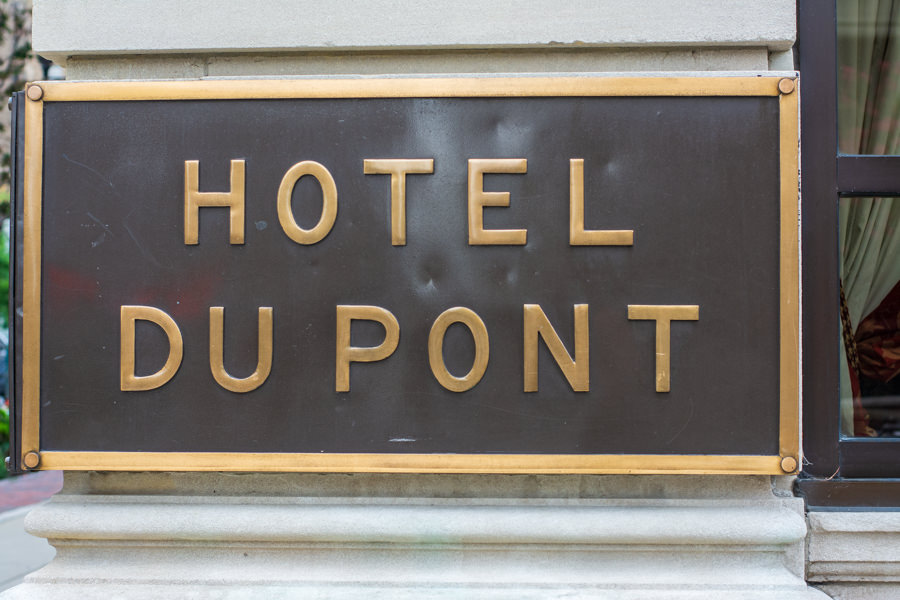 The Hotel DuPont sign in downtown Wilmington, Delaware.