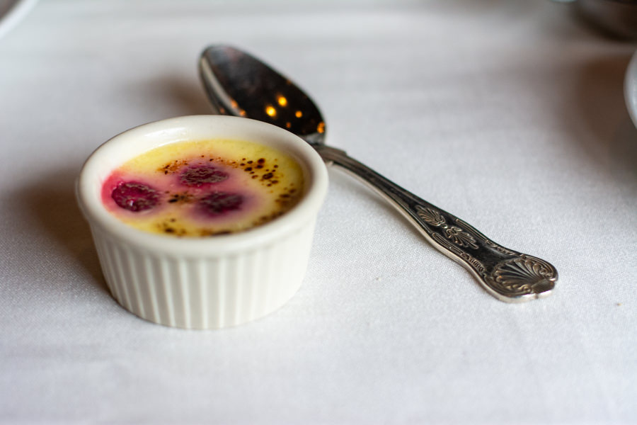 On the menu at the Hotel DuPont afternoon tea is a raspberry creme brulee.