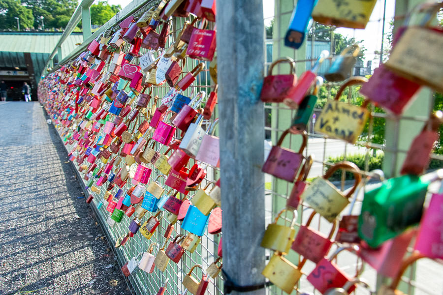 Love locks line a fence at the Landungsbrücken.