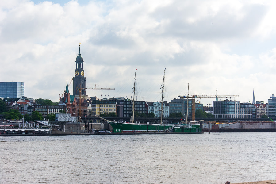 The Hamburg waterfront area with tall ships.