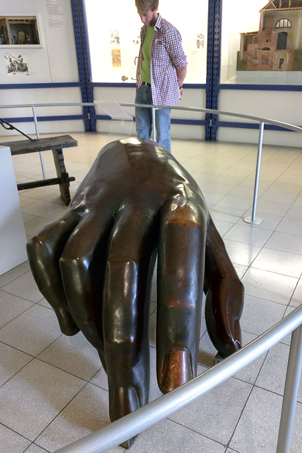 A mold of the hand of the Bavaria statue sits in the Deutsches Museum.