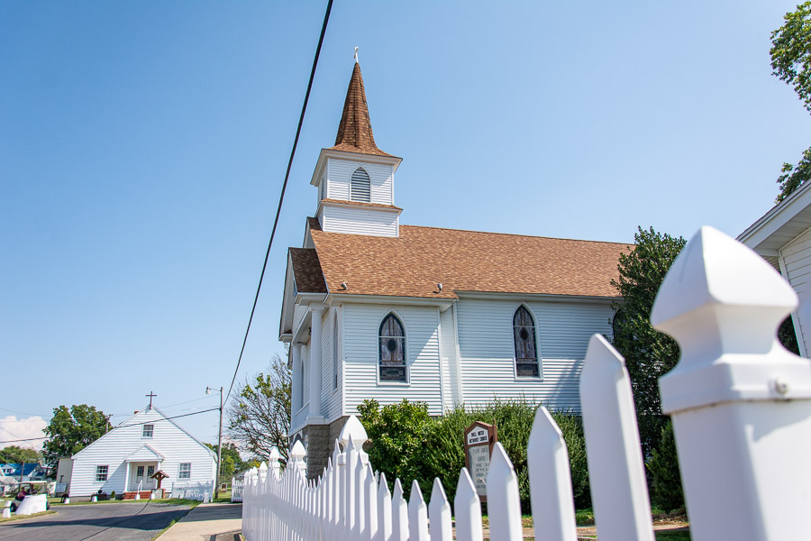 A church sits along the main street of Ewell on Smith Island, one of the islands of Maryland.