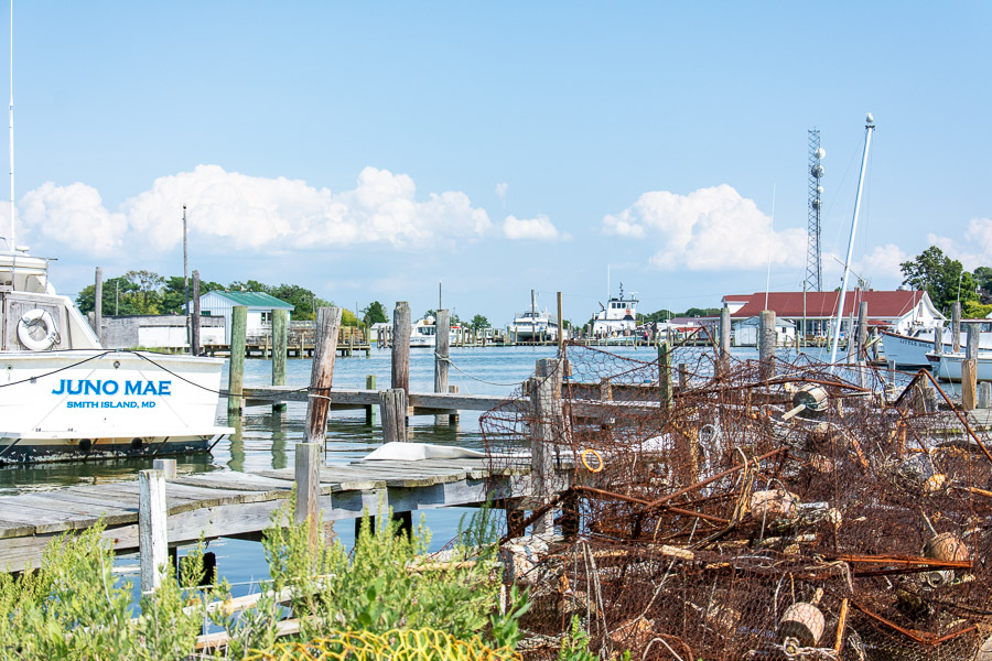 Crab traps are piled up at the marina.