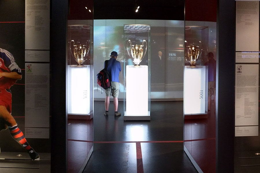 FC Bayern Erlebniswelt Museum lets fans get up close to trophies.