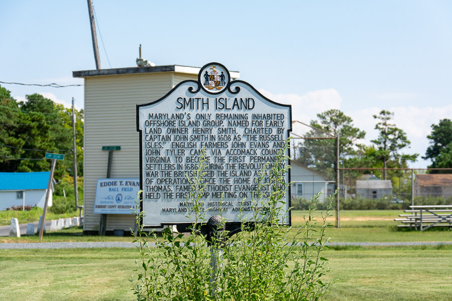 A metal sign explains the history of Smith Island.