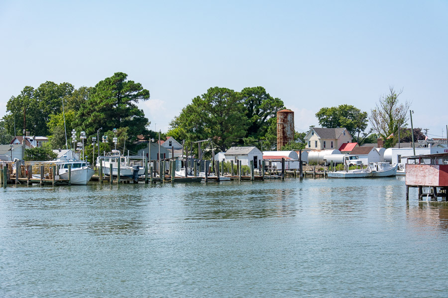 Buildings and boats line the waterfront of Smith Island.