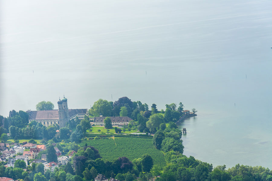 An aerial view from a Zeppelin airship of a town along the Bodensee, or Lake Constance.