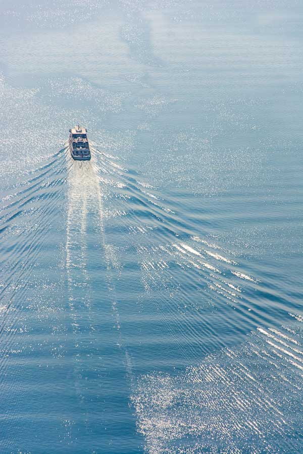 An aerial view from a Zeppelin airship of a boat on the Bodensee, or Lake Constance.