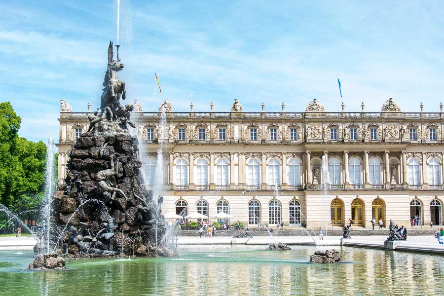 Ludwig II's Herrenchiemsee New Palace and large fountain.