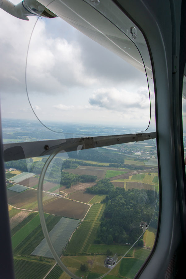 A view over the Germany countryside from inside a Zeppelin airship.