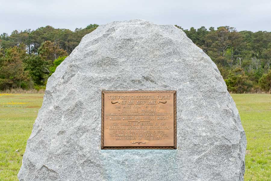 A stone marks the "first successful flight of an airplane" in Kitty Hawk, North Carolina.