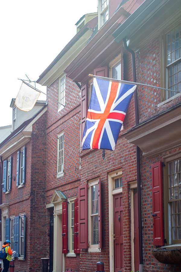 A British flag flies outside a home on Elfreth's Alley.