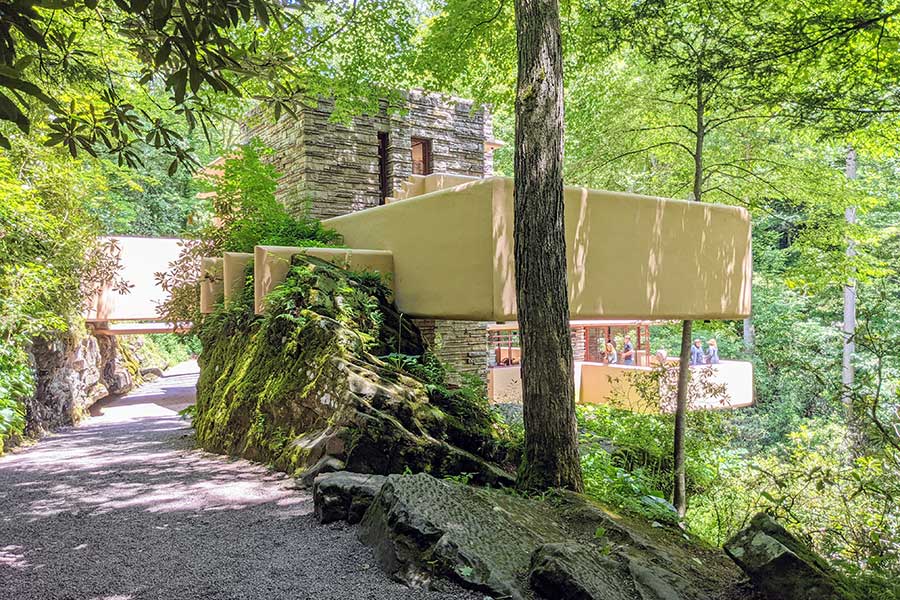 A back view of Fallingwater, showing off the cantilevers.