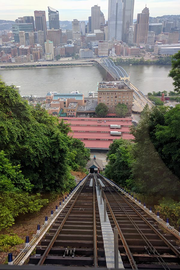 Looking down the historic Monongahela Incline Track and towards Downtown Pittsburgh.